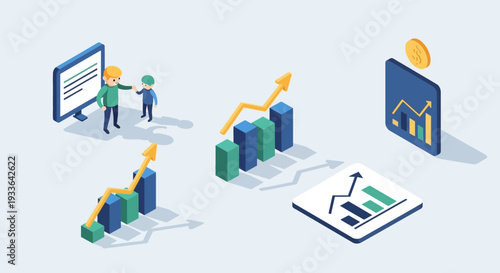Business professionals analyzing financial growth charts and graphs on digital screens and documents, Whisk icon visible in the scene depiction
