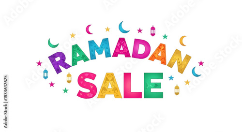 Celebratory Ramadan sale illustration with colorful text and festive symbols