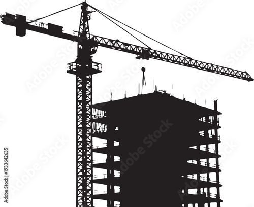 Black silhouette construction crane and building