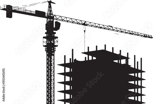 Black silhouette construction crane and building