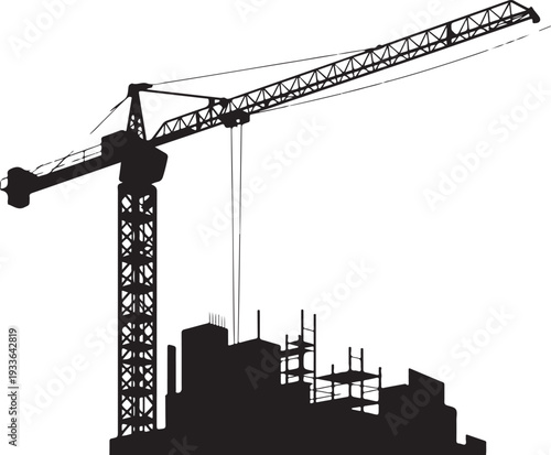 Black silhouette construction crane and building white background