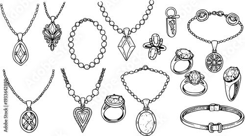Hand-Drawn Jewelry Collection: Necklaces, Bracelets, Rings - Black and White Doodle Set