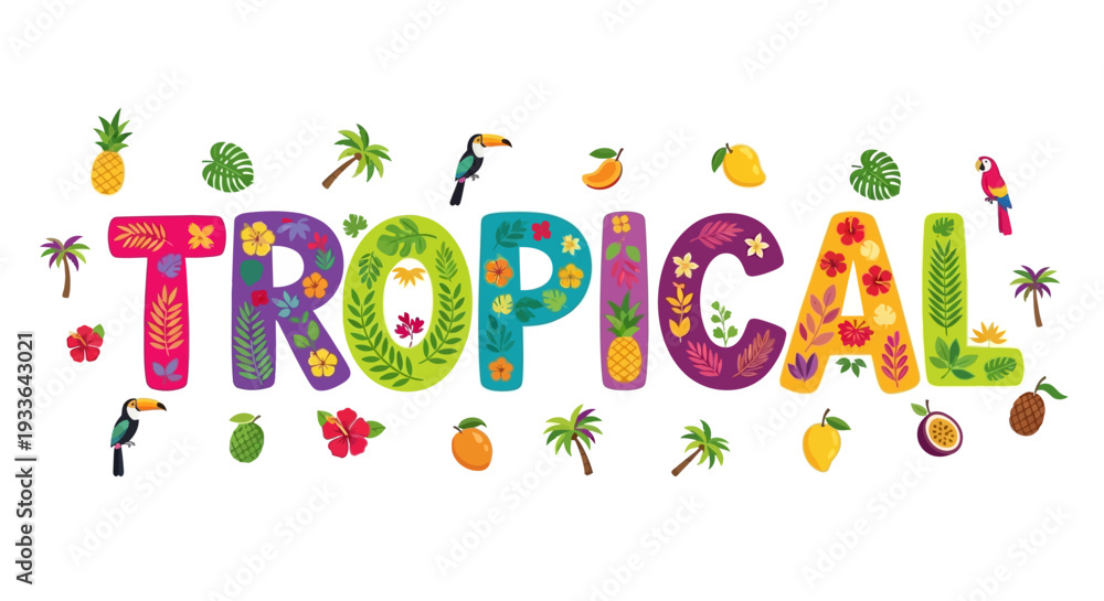 Obraz premium Vibrant Tropical Illustration Featuring Fruits and Palm Trees in a Colorful Scene