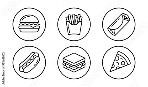 Restaurant Menu Thin Food Sign Icons Burger Fries Hot Dog Burrito Pizza Sandwich Vector Set Isolated