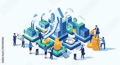 Isometric illustration of business professionals interacting with futuristic technology and data visualization elements in a modern office setting
