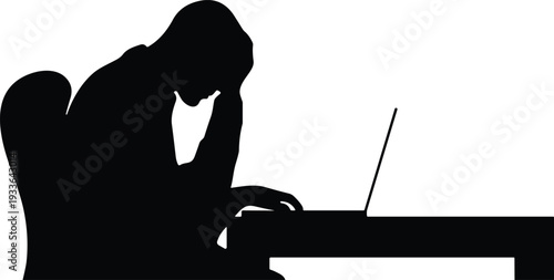 PrintBlack Silhouette of Stressed Man Sitting at Desk Using Laptop Computer with Hand on Head Feeling Tired Exhausted,