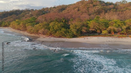 Smooth aerial reveal rising from ocean waves to tropical coastline and dense green vegetation