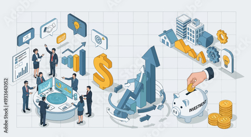Business professionals analyzing financial data and market trends with graphs and coins