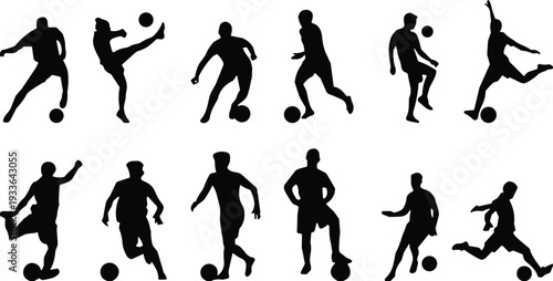 PrintBlack Silhouettes Collection of Soccer Players Playing Football Dribbling Kicking and Training for Sports Team Competition and Championship,