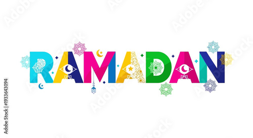 Vibrant Ramadan Celebration with Colorful Typography and Decorative Elements