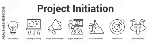 Project Initiation web banner icon set vector illustration concept for business with icon of Idea Planning, Strategy Planning, Project Announcement, Project Presentation, Goal Achievement, Target Foc.