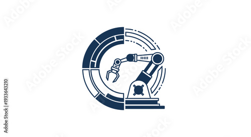 Industrial robotic arm within a circular graphic element.