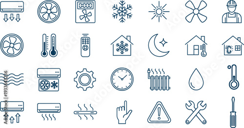 HVAC and Climate Control Icon Set with Air Conditioner, Heating, Fan, Thermometer, and Temperature Symbols for Home and Building Maintenance Design