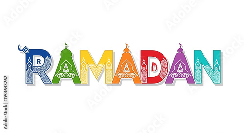 Celebrating Ramadan with colorful typography and lantern elements in a festive atmosphere from a straightforward viewpoint