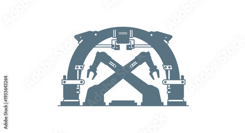 Industrial robotic arms within a futuristic archway structure.