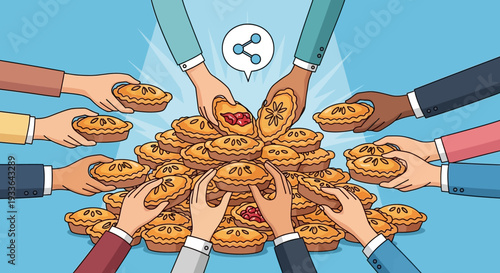 Diverse hands holding food around a central pile of assorted pastries in a circular arrangement from a top-down viewpoint