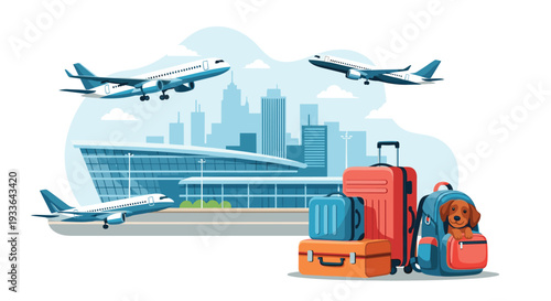 Modern airport terminal scene with airplanes taking off and landing in a city skyline background with colorful travel luggage in front.