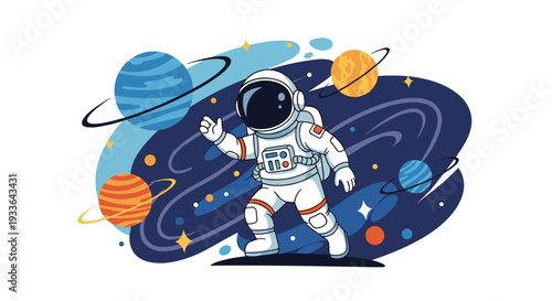 Brave astronaut floating in deep outer space surrounded by colorful planets, stars, and cosmic dust in a vibrant blue galaxy scene.