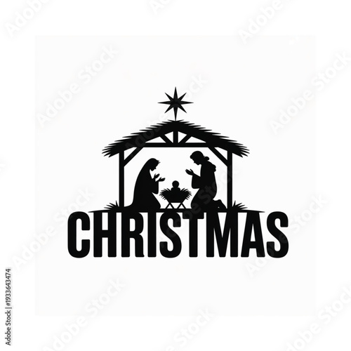 A silhouetted nativity scene with the word christmas prominently displayed