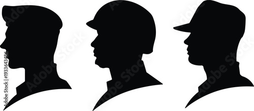 PrintBlack Silhouettes of Three Men Profiles Wearing Different Hats Including a Beret Helmet and Baseball Cap for Professional Concepts,
