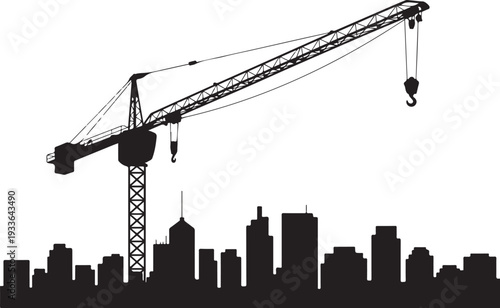 Black silhouette construction crane and city skyline
