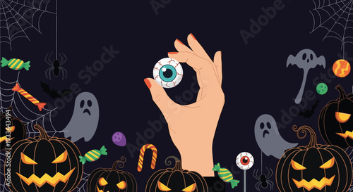 Spooky Halloween background with a hand holding a realistic eyeball surrounded by jack o lanterns, ghosts, and bats on a dark night sky.