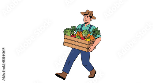 Cheerful farmer walking while carrying a large wooden crate filled with a bounty of freshly harvested organic garden vegetables.