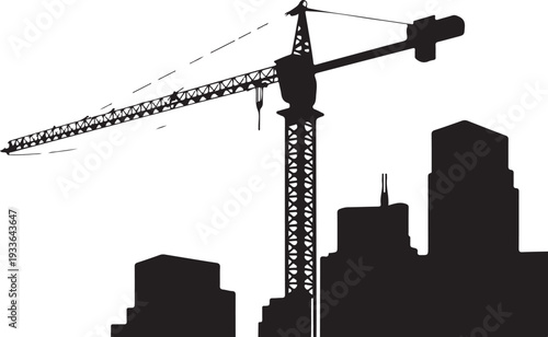 Black silhouette construction crane and city skyline