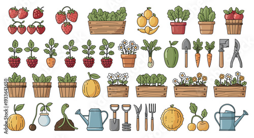 Extensive collection of colorful flat icons for gardening and farming including berry bushes, plants, vegetables, and maintenance tools.