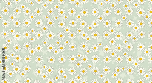 Delicate seamless floral pattern featuring many small white daisies with yellow centers scattered across a soft pale green background.