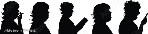 PrintBlack Silhouettes of Woman Profile Head Shots Smoking Reading Talking and Using a Mobile Phone for Lifestyle Concepts,