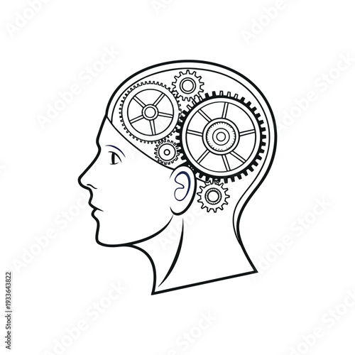 Human Head Profile with Internal Gears and Cogs Vector Illustration, Concept of Artificial Intelligence, Mental Process, Engineering, and Psychology Line Art on White Background
