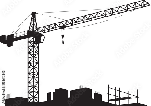 Black silhouette construction crane and cityscape building