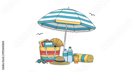 Assorted collection of essential beach items including a striped umbrella, tote bag, books, sunglasses, sun hat, and water bottles.