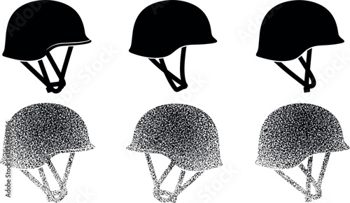Military Helmet Icon Set with Solid Silhouette and Halftone Texture Styles for Army, War, Tactical, and Defense Design Projects