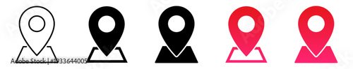 Map location pin icon set in outline and solid styles, GPS marker and geolocation symbol vector collection