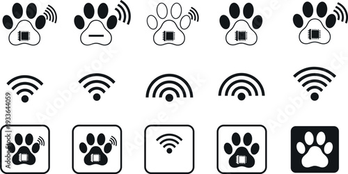Pet Tracking and WiFi Paw Icon Set with Animal Footprint, Signal, and Smart Technology Symbols for Veterinary and Pet Care Apps