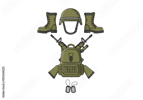 Military Gear Arrangement Featuring Boots Helmet Rifles Backpack And Dog Tags Centered Isolated On White Background For Patriotic Themes