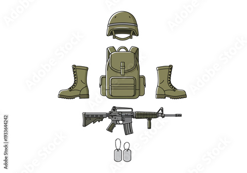 Military Survival Gear Collection Including Helmet Backpack Boots And Rifle For Training Or Expedition