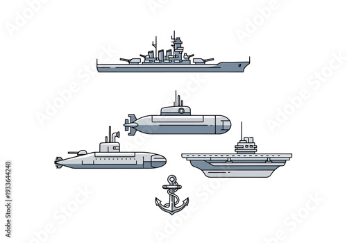 Collection of Naval Vessels Including Battleship Submarine Aircraft Carrier and Anchor Illustration for Maritime Themes