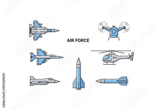 Set of aircraft and aerial vehicles including fighter jets helicopter drone and missiles on white background representing military aviation power and