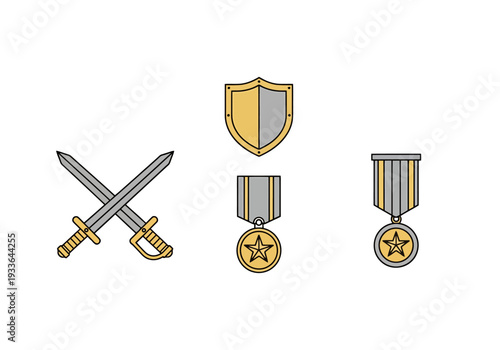 Military Awards and Symbols Including Crossed Swords Shield and Medals Representing Honor Achievement and Service on White Background