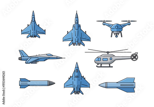 Collection of Military Aircraft and Aerial Vehicle Icons Including Fighter Jets Drone Helicopter and Missile for Security and Aviation Concepts