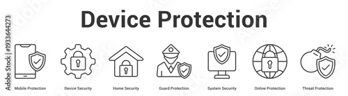 Device Protection web banner icon set vector illustration concept for business with icon of Mobile Protection, Device Security, Home Security, Guard Protection, System Security, Online Protecti.