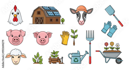 Collection of agricultural and farm icons including farm animals, gardening tools, a barn with solar panels, and a wheelbarrow.