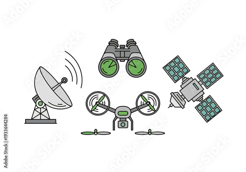 Aerial Surveillance Technology Equipment Including Drone Satellite Dish And Binoculars Representing Remote Sensing Observation And Data Collection