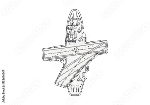 Detailed Outline Drawing of a Naval Aircraft Carrier Deck Showing Flight Operations Setup and Aircraft Placement on White Background Technical