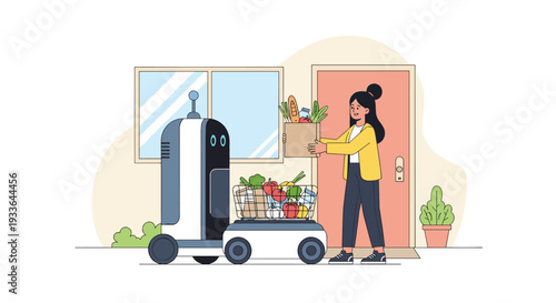 Modern delivery robot bringing fresh groceries to a woman standing at her front door in a convenient urban setting.