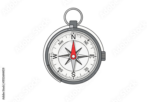 Antique Navigation Compass with Red Needle Indicating North Direction on White Background isolated Close Up View