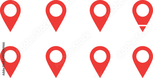 Red Location Pin Icon Set with Map Marker Symbols for GPS Navigation, Address, and Travel Application Design